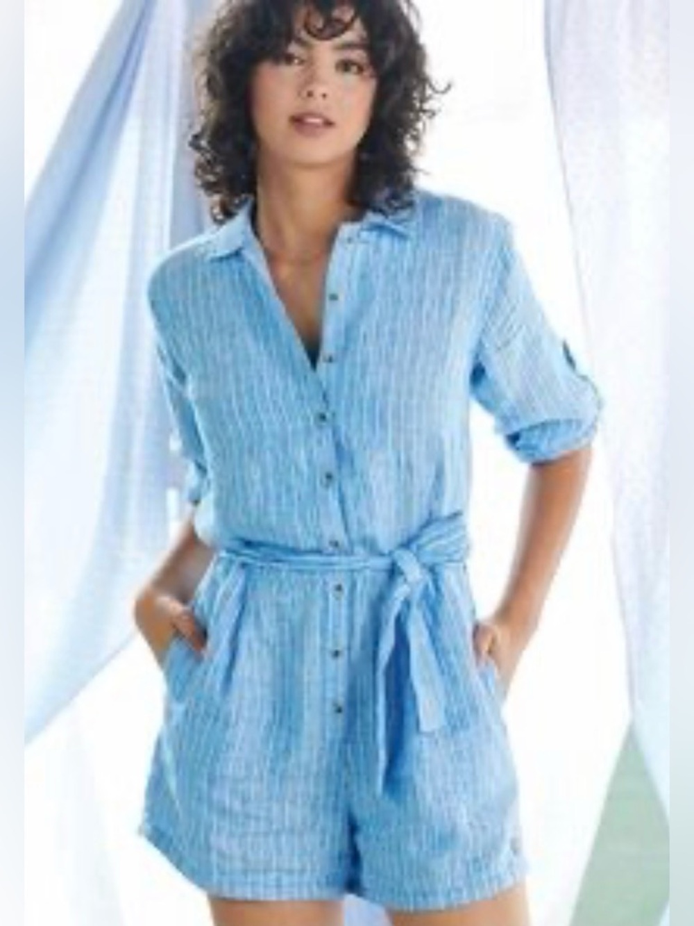 5 for $25 // Hatley blued and white striped belted linen romper size small